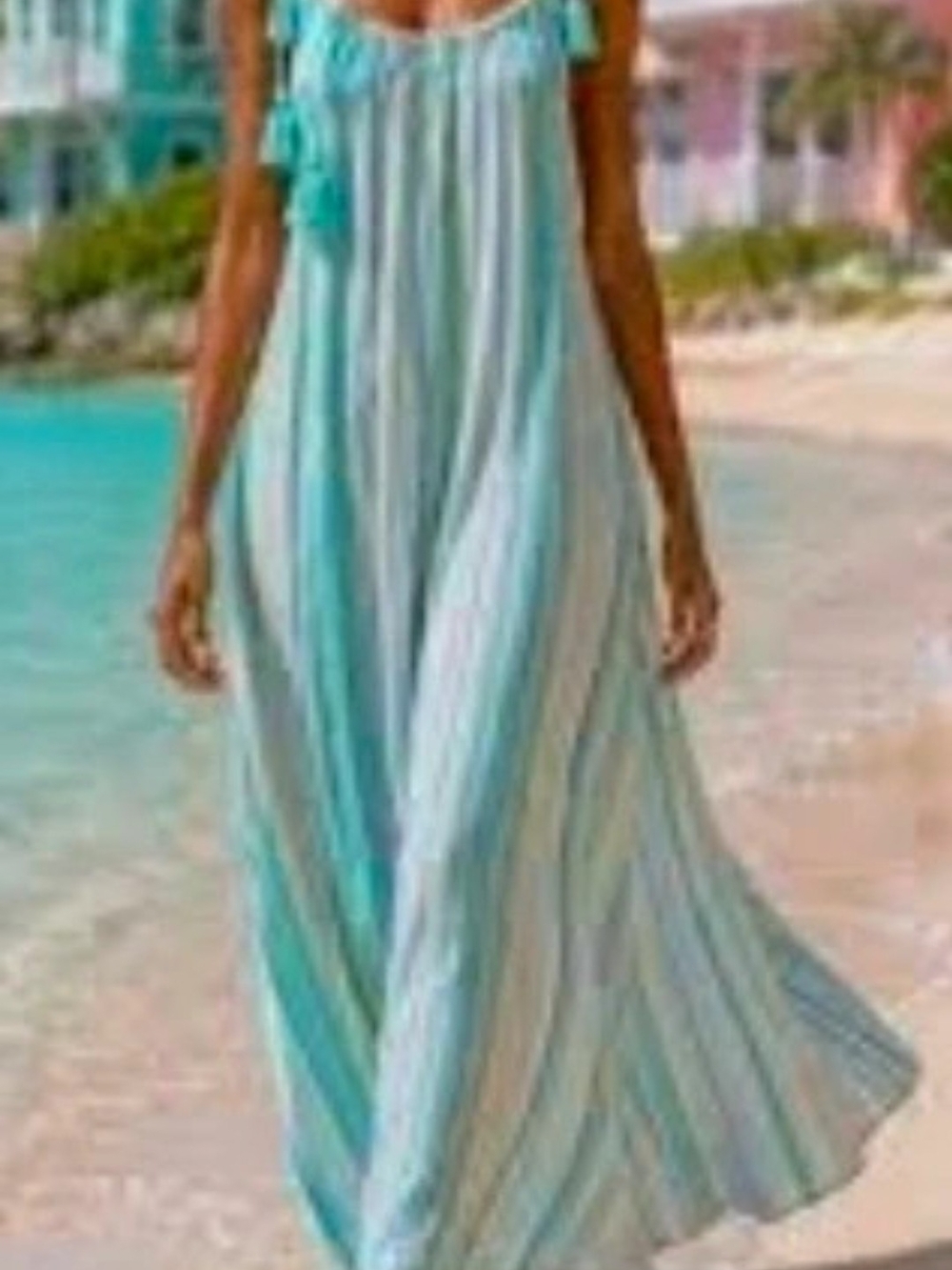 Time and Tru Blue and White Striped Tassel Tie Maxi Dress